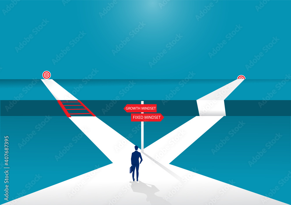 Businessman standing on middle way and choosing direction. growth mindset different fixed mindset concept vector Businessman standing on middle way and choosing direction. growth mindset different fixed mindset concept vector