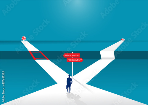 Businessman standing on middle way and choosing direction. growth mindset different fixed mindset concept vector