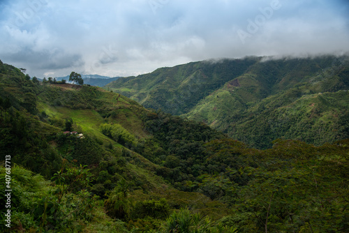 country landscape between hills with morning mist .Colombia.