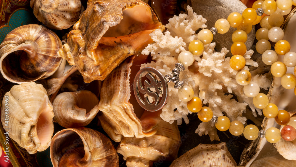Buddhist prayer beads Mala lying on the sea rocks surrounded by sea shells. close-up Buddhist prayer beads Mala lying on the sea rocks surrounded by sea shells. close-up
