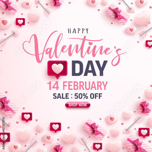 Valentine's Day Sale banner for social media website with sweet hearts,speech bubble and valentine elements on pink background.Promotion and shopping template for love and Valentine's day concept.