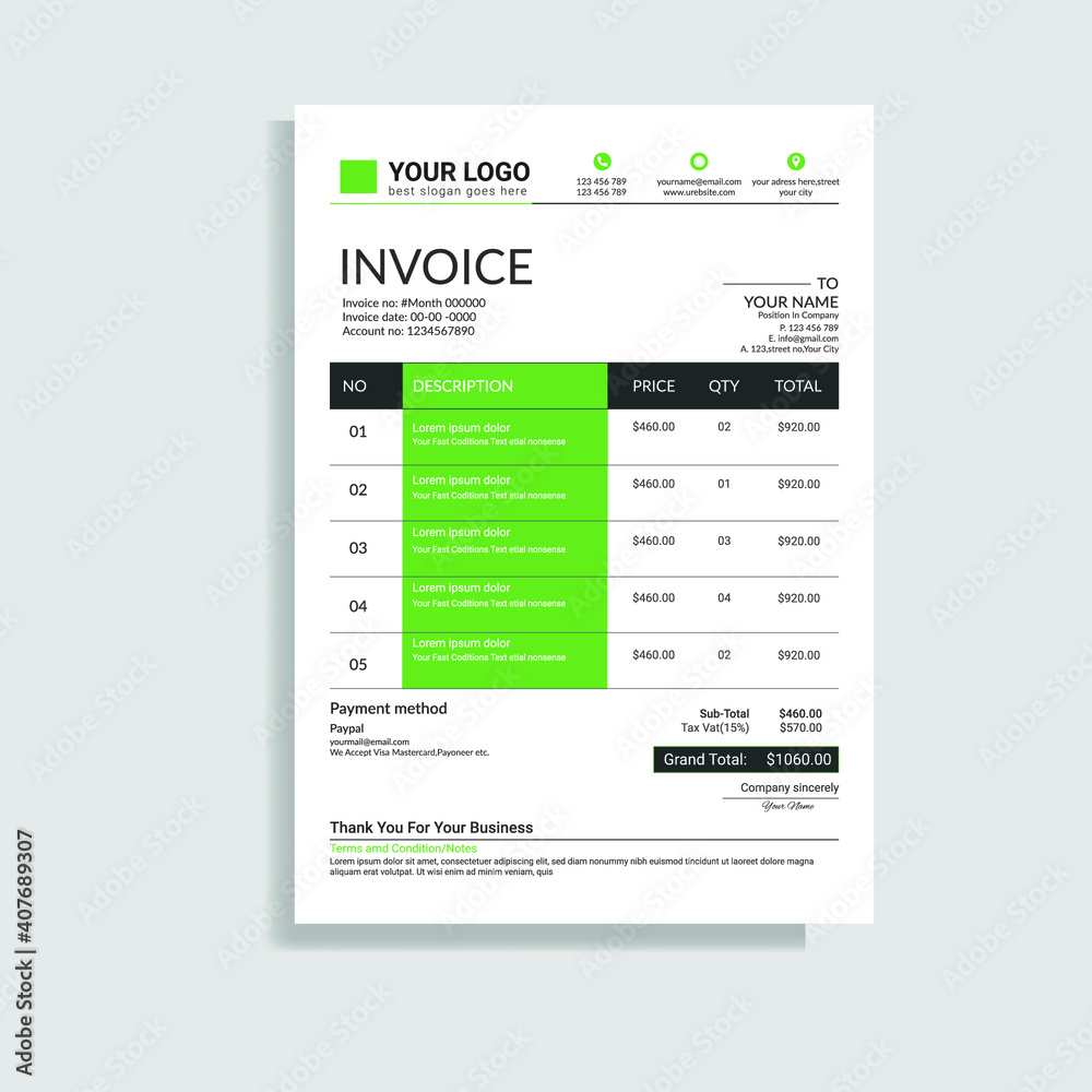 Invoice design for business and  marketing.