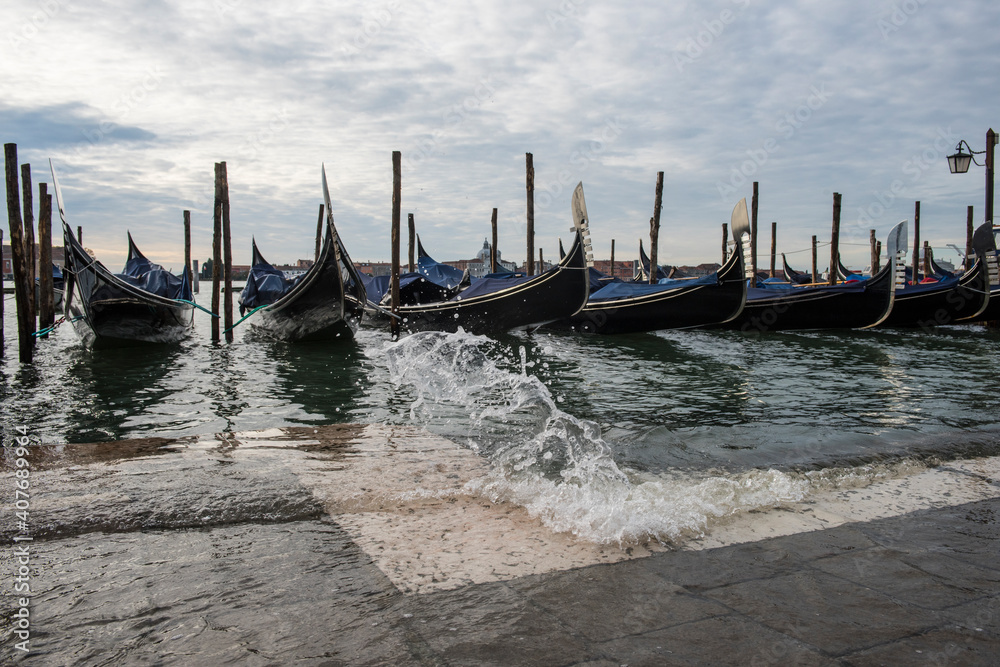 Venice, Italy - 2 november 2018: view on gondola during acqua alta