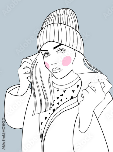 An illustration for self-coloring with the image of a young girl in warm clothes. 