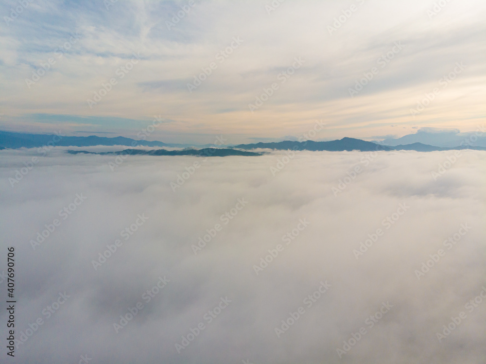Aerial view morning sunrise cloud with fog colorful sky cloud