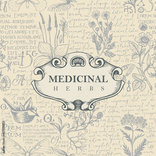 Vector banner or label for medicinal herbs in retro style. Hand-drawn background with medicinal herbs and handwritten text Lorem Ipsum