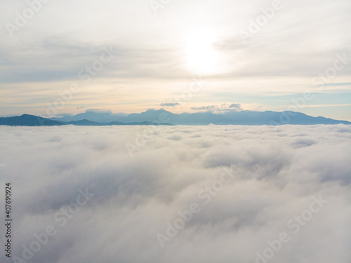 Aerial view morning sunrise cloud with fog colorful sky cloud