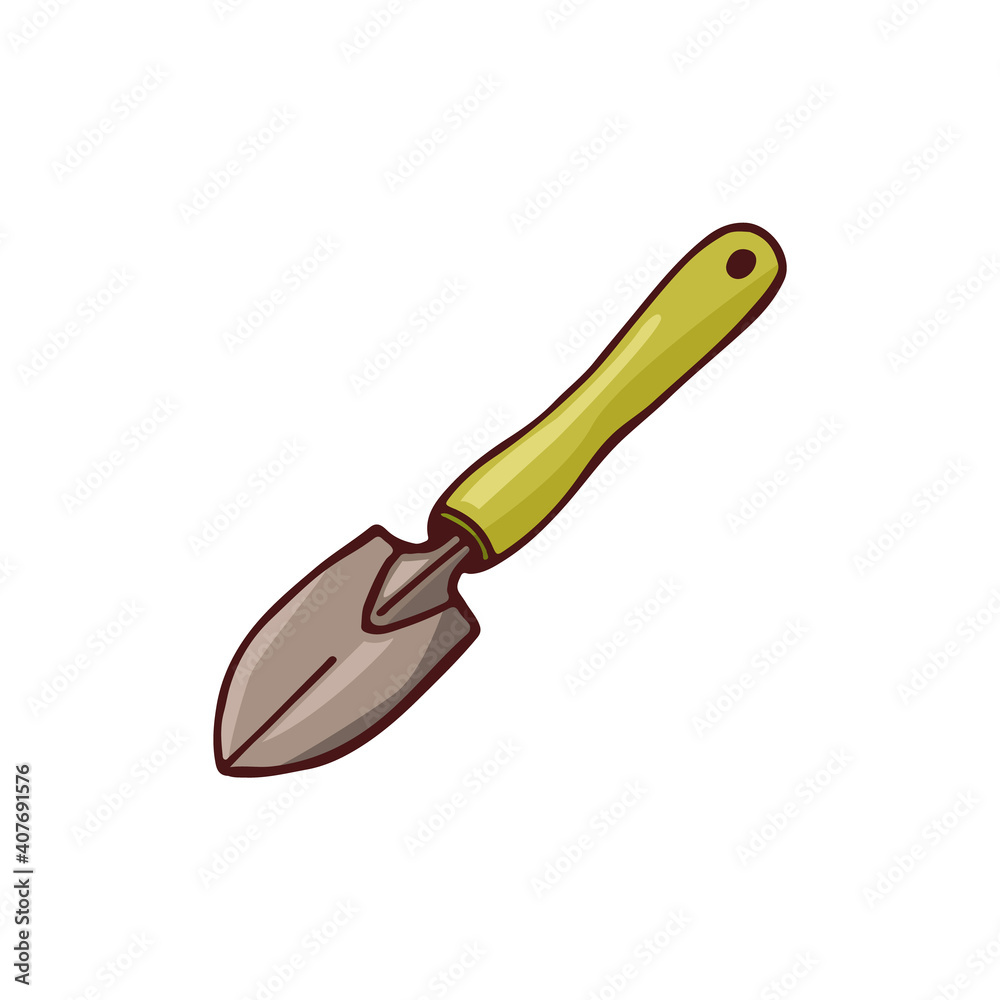 Obraz premium Doodle image of a shovel. Garden element. Vector hand-drawn image for stickers, postcards, icons, web.