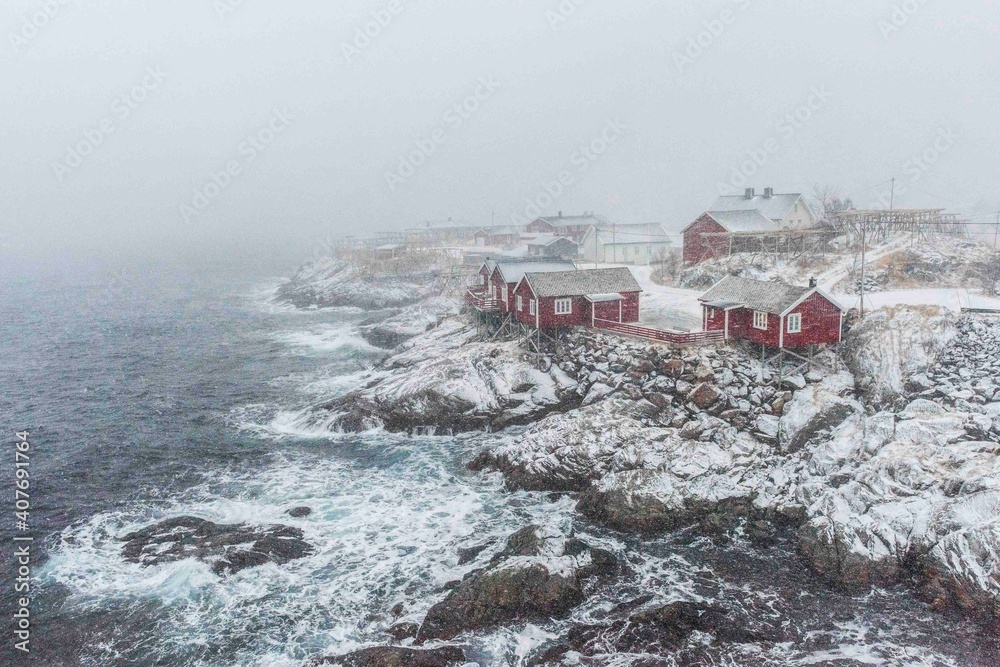 Hamnoy, Norway, fishing village on Lofoten Islands during a snow storm
