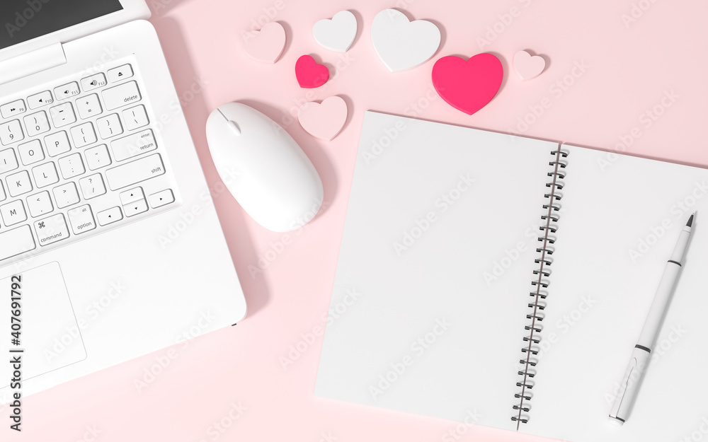 Wishes notebook, white keyboard, and mouse on pink background 3d rendering. 3d illustration Office flat lay of Love and Valentines Day greeting card template minimal concept. Wishes notebook, white keyboard, and mouse on pink background 3d rendering. 3d illustration Office flat lay of Love and Valentines Day greeting card template minimal concept.