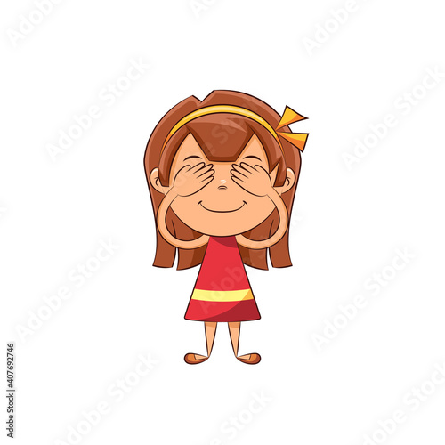 Girl covering her eyes, happy cute child