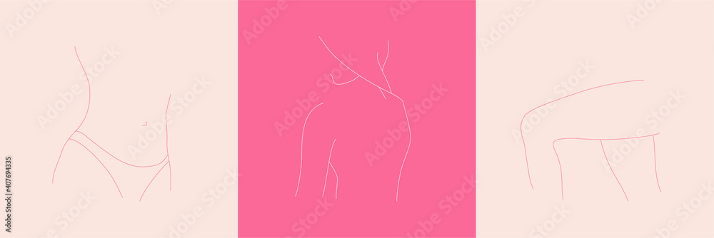 Set of abstract minimalist woman body parts. Line art of woman silhouette. Vector fashion illustration of the female body.