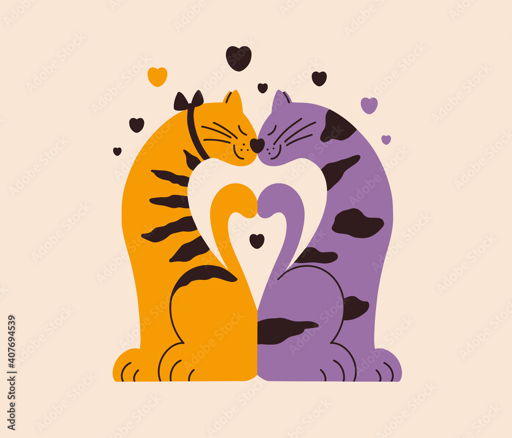 Two cats in love. Couple of lovers touch by nose, kiss. Happy Valentines  day postcard. Animal characters sit in heart shape pose. Tender romantic  persons. Sweet dating. Love story vector illustration Stock