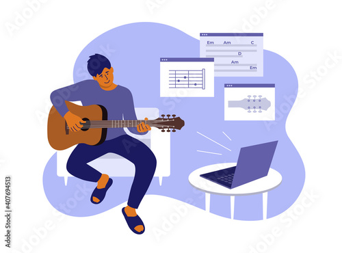 Young man sitting home, learning playing guitar. Online video course of play musical instrument. E-learning music by laptop. Virtual class of notes, chords lesson. Leisure, hobby vector illustration
