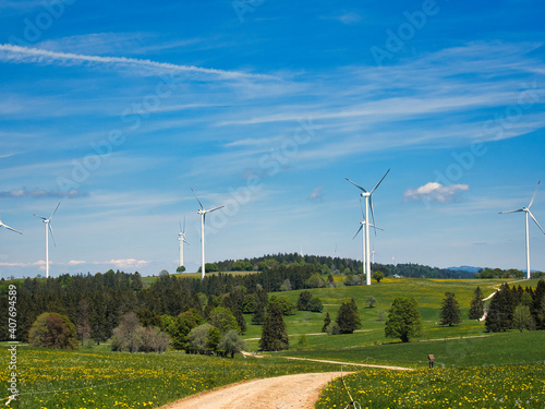 Windpark mit Windkraftanlagen im Berner Jura (Schweiz) mit Wald- und Blumenwiese an einem sonnigen Tag