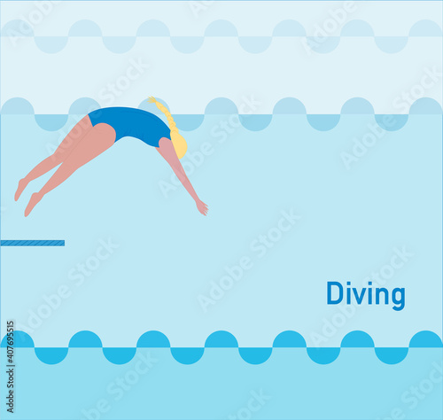 Girl jumps from a springboard into a pool of water. Sports competition, championship, training. Healthy lifestyle. Vector illustration