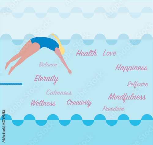 Girl jumps from a springboard into a pool of water. Woman jumps into water which associates with concept of mindfulness, health, creativity, freedom, love, balance, calmness. Vector illustration