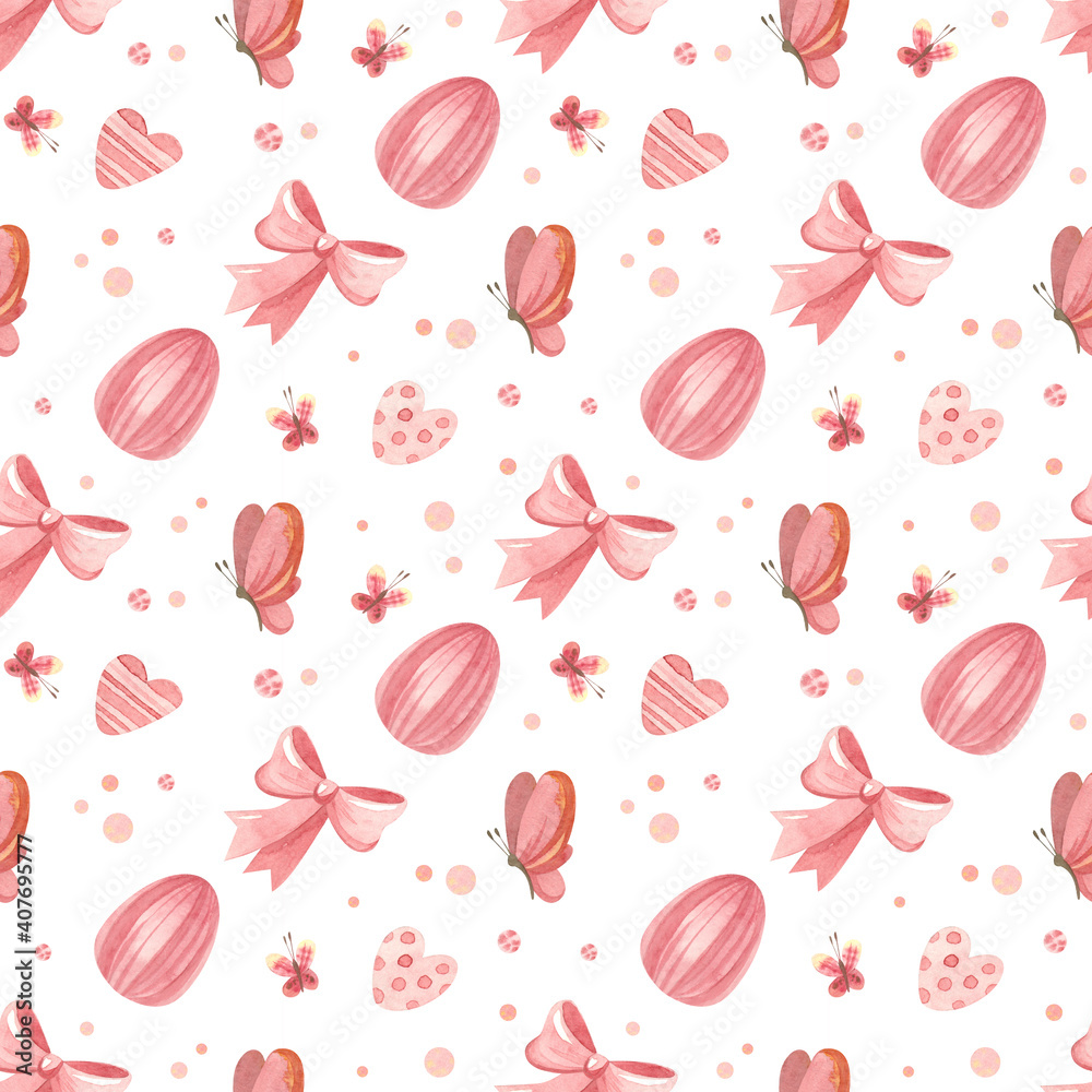 Easter seamless pattern. Template with Easter eggs, bows and butterflies. Watercolor clipart on white background