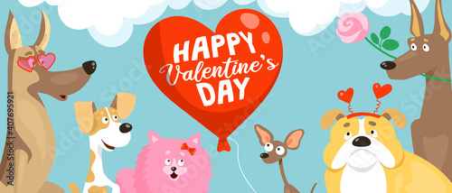 Cute dogs of different breeds in funny valentine costumes on the background of a large red balloon. Happy valentines day cartoon vector card or banner
