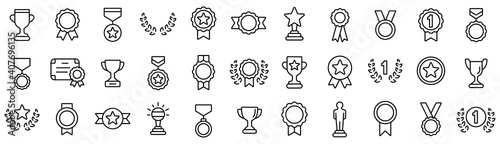 Awards line icons set. Trophy cup, Medal, Winner prize icon. Vector