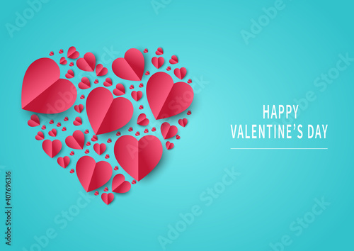 Valentine's day background. Abstract background. Hearts red papaer cut card on light blue backgroungd. Design for valentine's day festival.