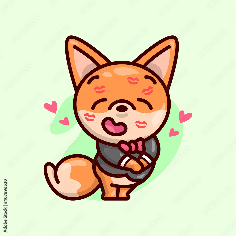 CUTE FOX WITH BLACK SUIT HAVE SOME KISS ON HIS FACE AND FEELING SO IN LOVE. VALENTINE'S DAY ILLUSTRATION. CUTE FOX WITH BLACK SUIT HAVE SOME KISS ON HIS FACE AND FEELING SO IN LOVE. VALENTINE'S DAY ILLUSTRATION.