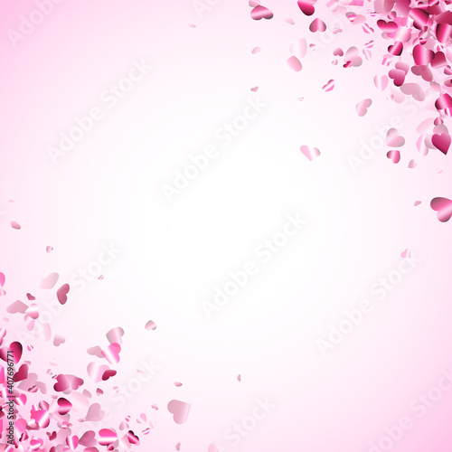 Pink hearts confetti frame on light pink background.