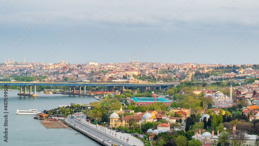 Istanbul city view from Pierre Loti Teleferik station overlooking Golden Horn, Eyup District, Istanbul, Turkey