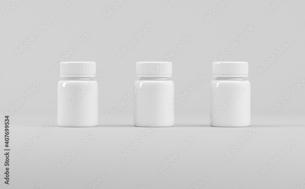 White Plastic Supplement Bottles Mockup 3D Illustration-Medicine Pharmaceutical White Plastic Supplement Bottles Mockup 3D Illustration-Medicine Pharmaceutical