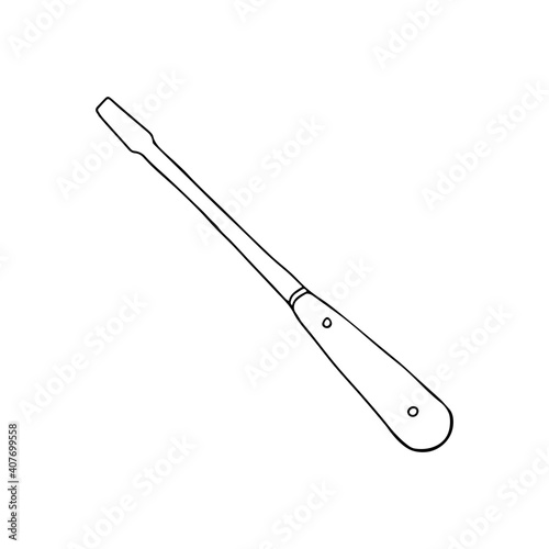 Hand-drawn black vector illustration of metallic retro locksmith tool screwdriver with a wooden handle isolated on a white background