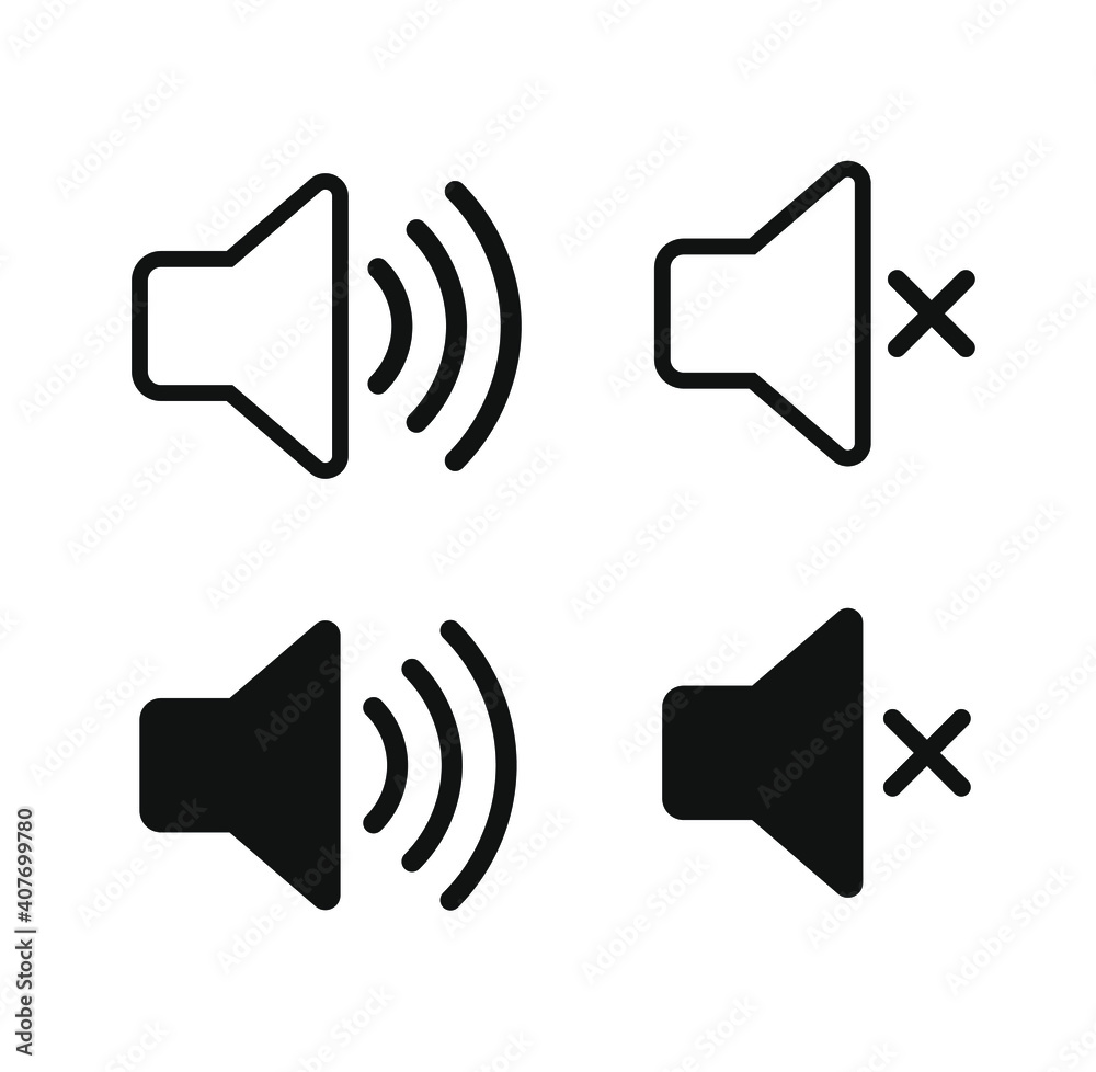 Vecteur Stock Speaker audio icon set. Volume voice control on off mute  symbol. Flat application interface sound sign button. Vector illustration  image. Isolated on white background. | Adobe Stock