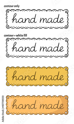 Set of four hand drawn logos or labels with the inscription "hand made" for creative occupation products. Vector illustration in four variations © Tatjana