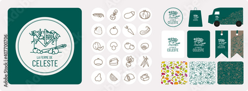 Production à la ferme de légumes et fruits bio de saison, identité visuelle, logo, tampon, motif, sac, étiquette, mockup, 