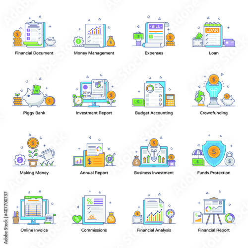  Financial Management Flat Line Icons Pack 