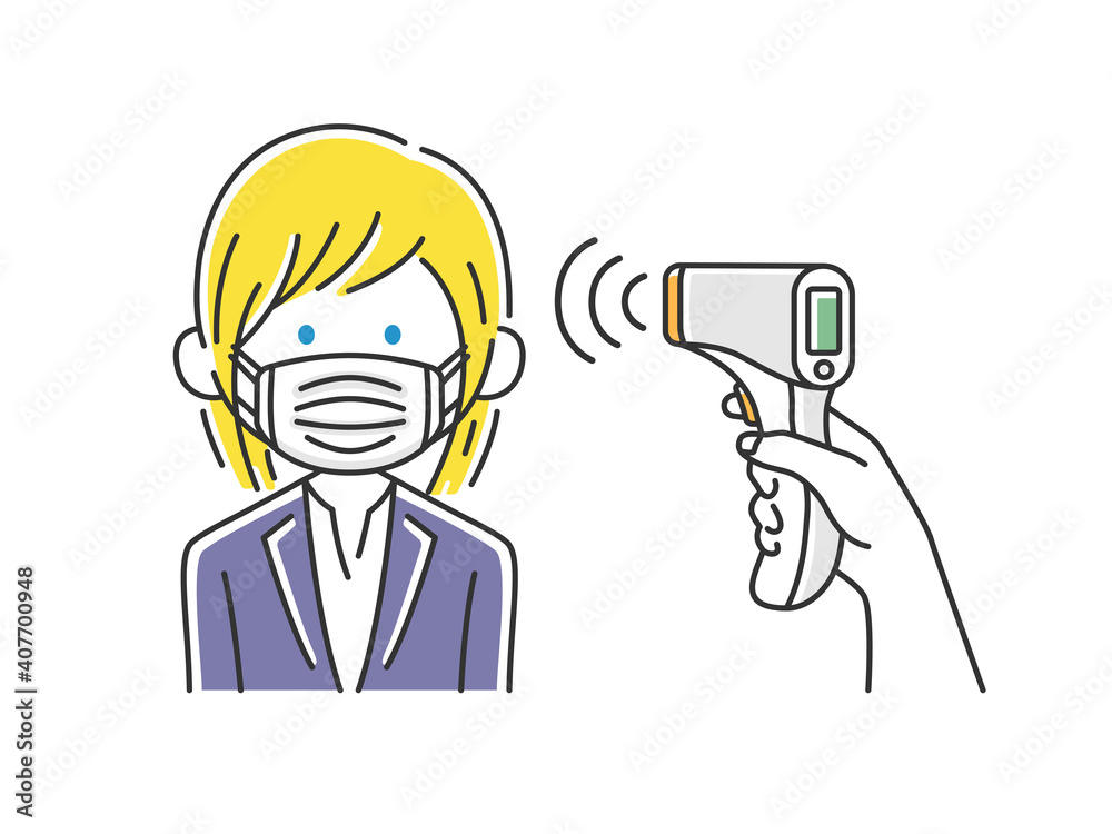 赤外線温度計で検温される白人ビジネスウーマンのイラスト