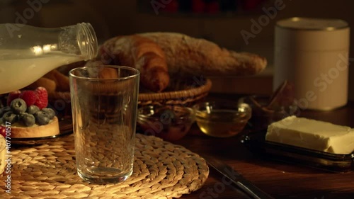 food, breakfast, milk, coffee, cup, tea, drink, sweet, meal, snack, table, bread, dessert, cookie, delicious, glass, croissant, plate, cake, pastry, healthy, cookies, sugar, white, fresh, baked