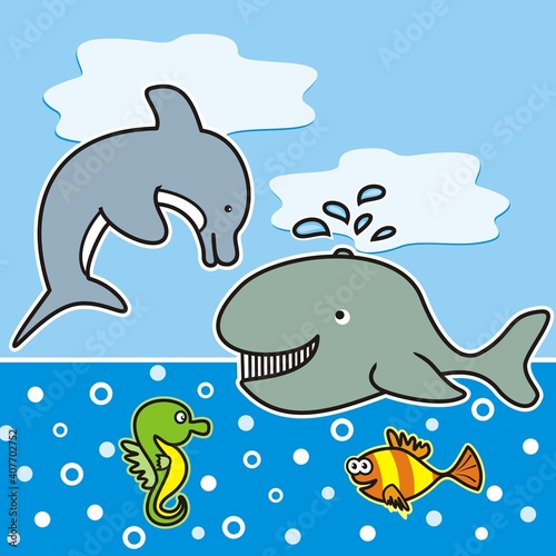 Sea life  dolphin  whale  fish and seahorse  funny vector illustration