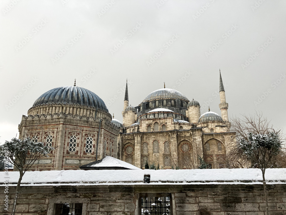 sehzadebasi mosque view in winter with snow