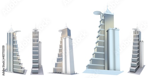 5 renders of fictional design tall buildings with helipad with blue cloudy sky reflection - isolated on white  side view 3d illustration of skyscrapers