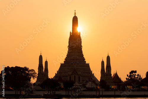 Wat Arun in Bangkok during sunset in summer time.