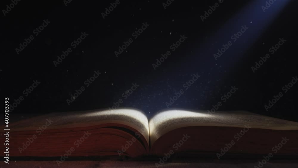 The moonlight falls down on the opened book.