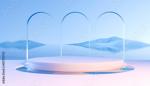 3d render round podium on water with glass wall, arch and mountains. Minimal mockup for product presentation banner. Modern design promotion mock up. Geometric background with empty space.