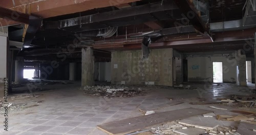 debris and garbage in a ruined  building, drone footage