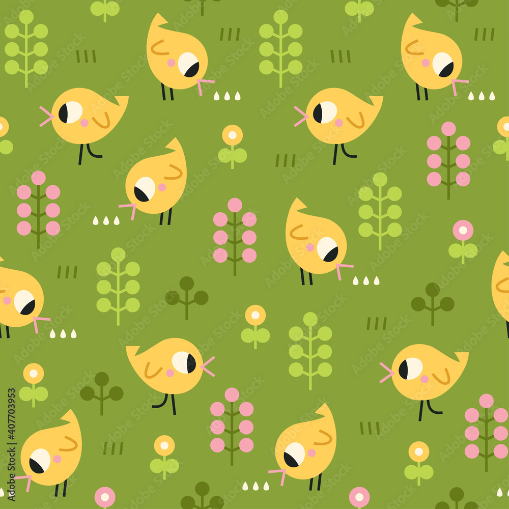 Naklejka premium Seamless vector pattern with yellow birds on green meadow. Cute kids pattern.