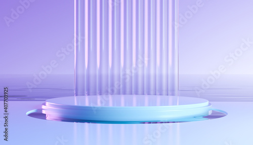 Fototapeta Naklejka Na Ścianę i Meble -  Abstract geometric 3d render with round podium. Modern illustration for product promotion, showcase banner. Wavy glass wall and water in minimal style. Neon light backround with empty space.