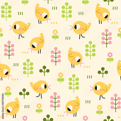 Seamless vector pattern with yellow birds, flowers and grass on beige background. Cute kids pattern.