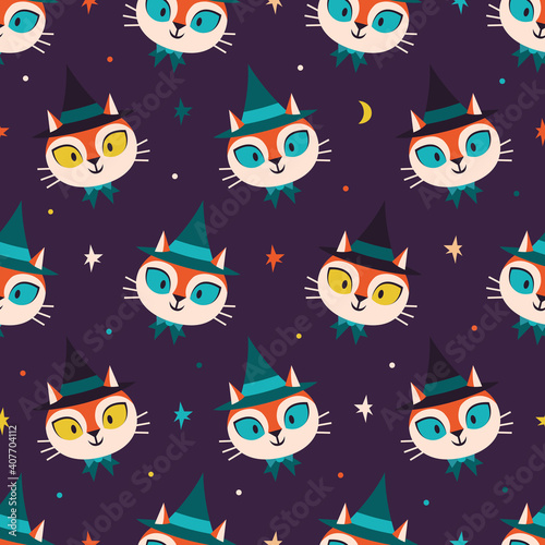 Halloween seamless vector pattern with cute cat characters. Smiling cats in witch hats, surrounded by stars in the night sky.