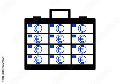 Icono de maletín de ejecutivo lleno de billetes de euros sobre fondo blanco