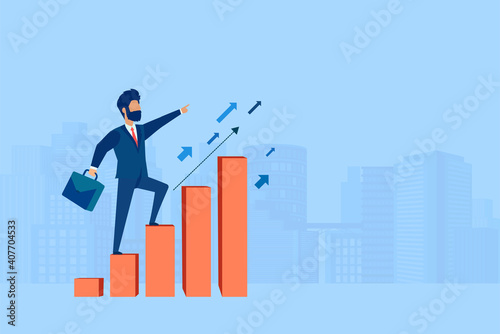 Vector of an ambitious business man climbing up graph columns