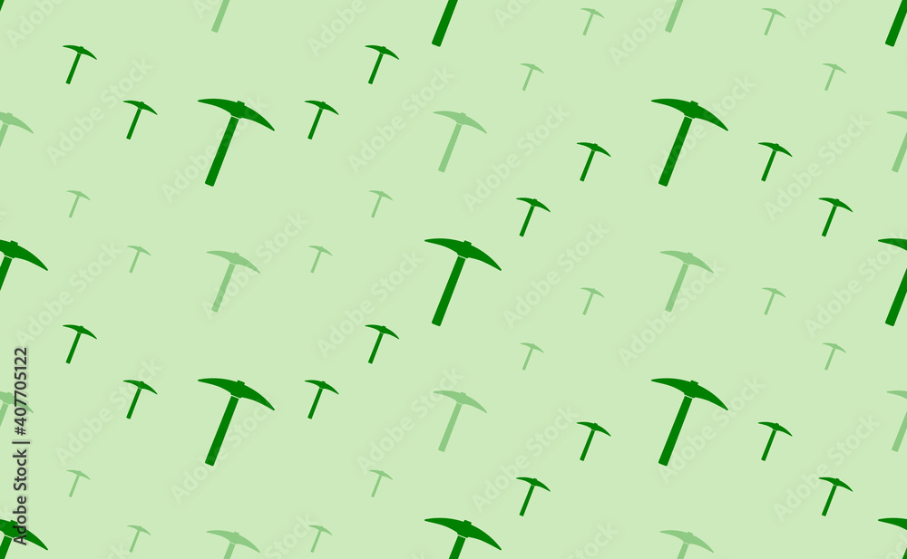 Seamless pattern of large and small green pickaxe symbols. The elements are arranged in a wavy. Vector illustration on light green background
